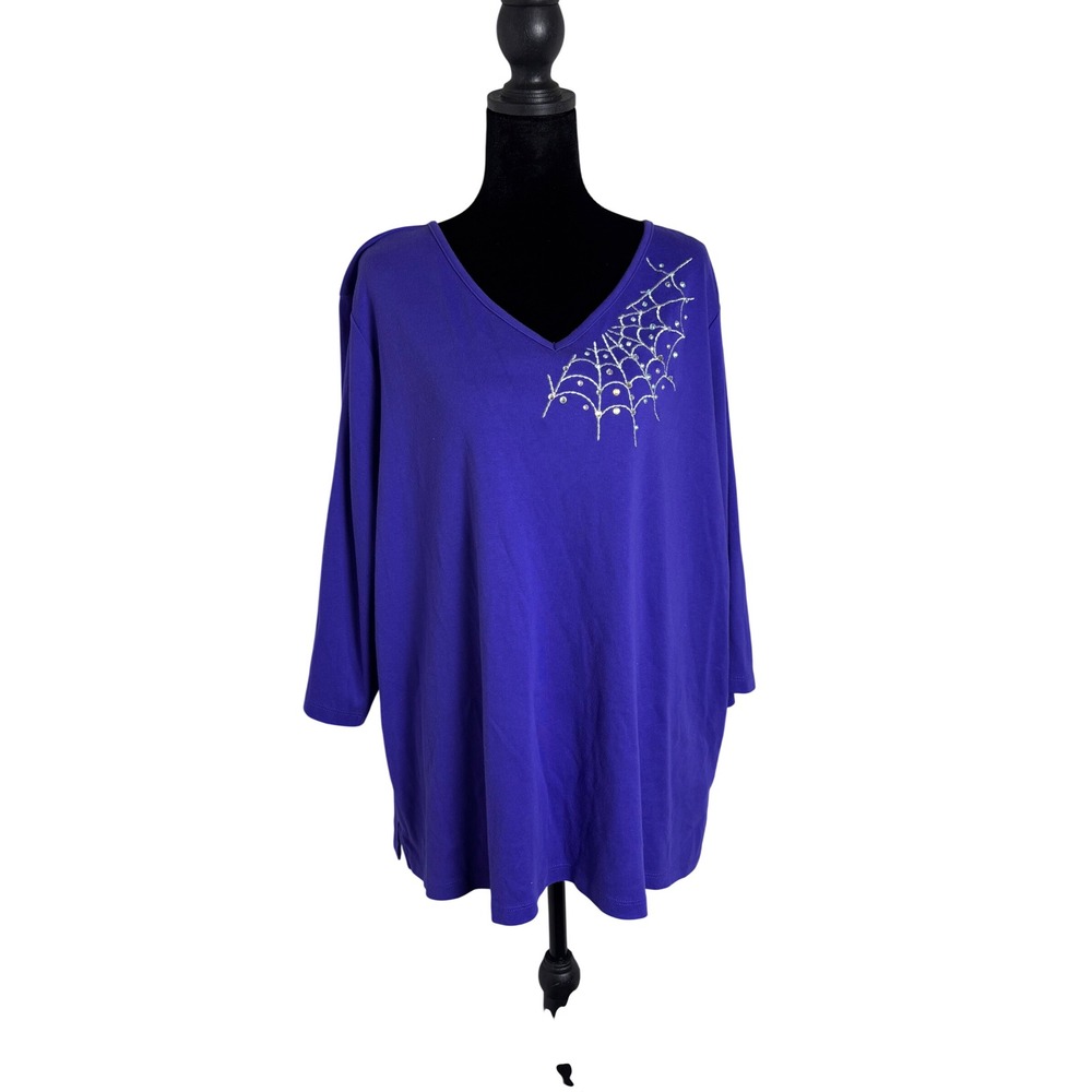 Quacker Factory Top Women 1X Purple Excellent Rhinestone Spider Web Halloween